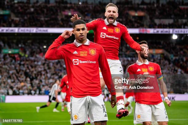 Marcus Rashford of Manchester United celebrates after scoring their sides second goal during the Carabao Cup Final match between Manchester United...