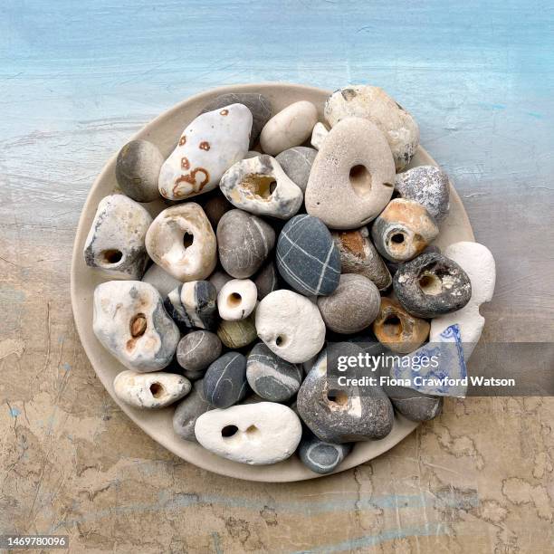 a bowl of pebbles with holes - watson stock pictures, royalty-free photos & images