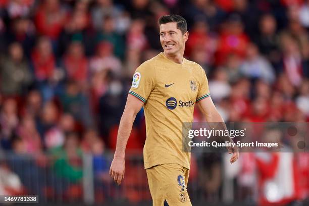 Robert Lewandowski of FC Barcelona looks on during the LaLiga Santander match between UD Almeria and FC Barcelona at Power Horse Stadium on February...