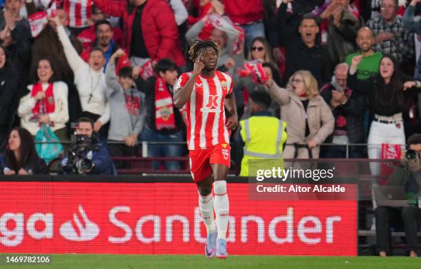 El Bilal Toure of UD Almeria celebrates after scoring the team's first goal during the LaLiga Santander match between UD Almeria and FC Barcelona at...