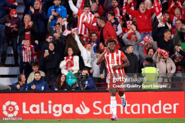 El Bilal Toure of UD Almeria celebrates after scoring his team's first goal during the LaLiga Santander match between UD Almeria and FC Barcelona at...