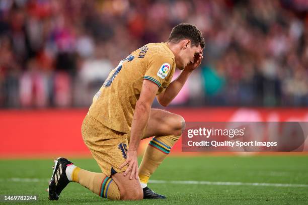 Andreas Christensen of FC Barcelona reacts during the LaLiga Santander match between UD Almeria and FC Barcelona at Power Horse Stadium on February...