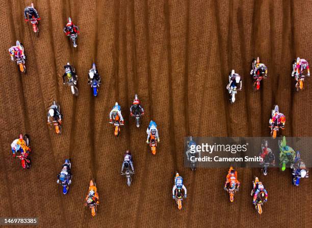 An aerial view as riders are seen on the start straight during the Hawkstone International MX race at Hawkstone Park on February 26, 2023 in...