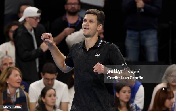 Hubert Hurkacz of Poland celebrates winning the Open 13 final against Benjamin Bonzi of France, an ATP 250 tennis tournament at Palais des Sports of...