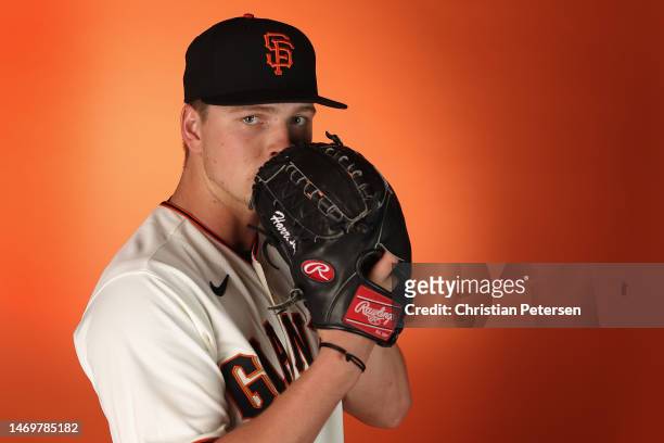 Pitcher Kyle Harrison of the San Francisco Giants poses for a portrait during the MLB photo day at Scottsdale Stadium on February 24, 2023 in...