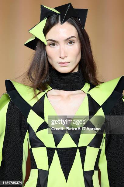 Model walks the runway at the Atsushi Nakashima fashion show during the Milan Fashion Week Womenswear Fall/Winter 2023/2024 on February 26, 2023 in...