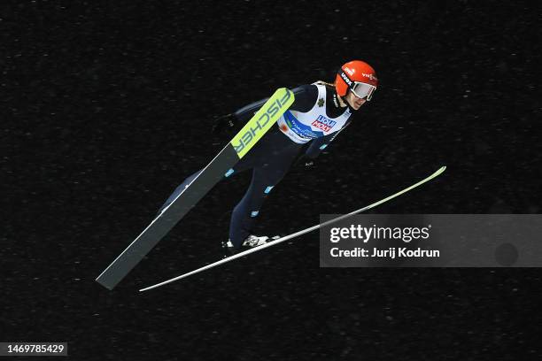 Katharina Althaus of Team Germany competes during the Ski Jumping Mixed Team HS100 at the FIS Nordic World Ski Championships Planica on February 26,...