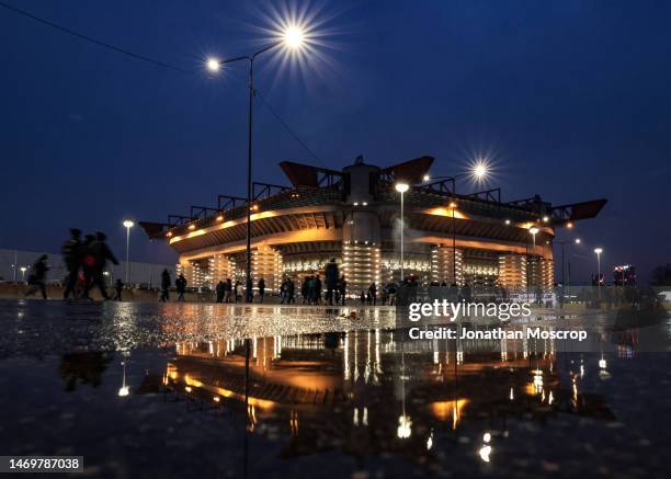 General view of the stadium reflected in rainwater as fans begin to arrive for the Serie A match between AC Milan and Atalanta BC at Stadio Giuseppe...