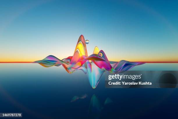 sound wave 5g illuminated in the stunning landscape sunset cgi -stock photo - ondas de sonido fotografías e imágenes de stock