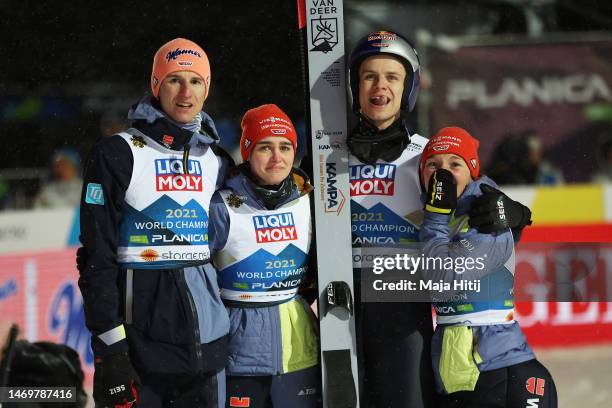 Team Germany react in the Ski Jumping Mixed Team HS100 at the FIS Nordic World Ski Championships Planica on February 26, 2023 in Planica, Slovenia.