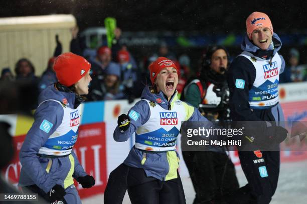 Team Germany celebrate victory in the Ski Jumping Mixed Team HS100 at the FIS Nordic World Ski Championships Planica on February 26, 2023 in Planica,...