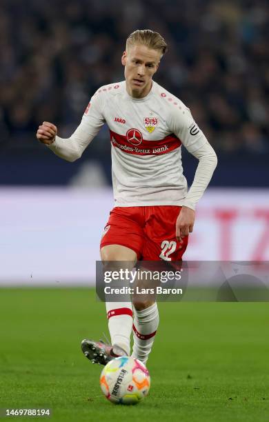 Chris Führich of Stuttgart runs with the ball during the Bundesliga match between FC Schalke 04 and VfB Stuttgart at Veltins-Arena on February 25,...