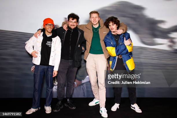 Victor Habchy, guest, Guillaume Genou and Lilian Cinoche attend the Bong Joon Ho Day at Le Grand Rex on February 26, 2023 in Paris, France.