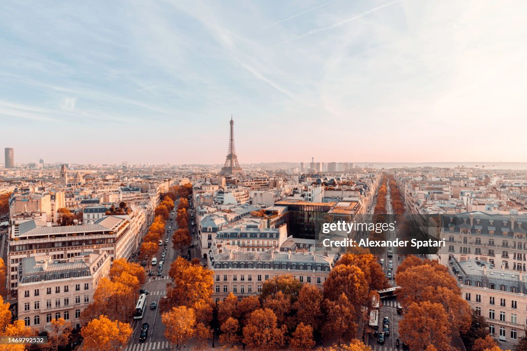 Eiffel Tower and Paris skyline in autumn, aerial view, France