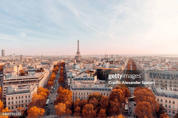 eiffel tower and paris skyline in autumn, aerial view, france - paris cityscape stock pictures, royalty-free photos & images