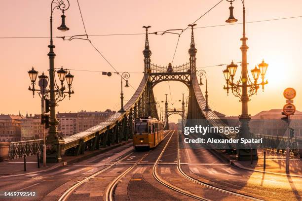 liberty bridge and yellow tram at sunrise, budapest, hungary - budapest fotografías e imágenes de stock