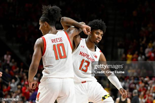 Julian Reese and Hakim Hart of the Maryland Terrapins celebrate in the second half of the game against the Northwestern Wildcats at Xfinity Center on...