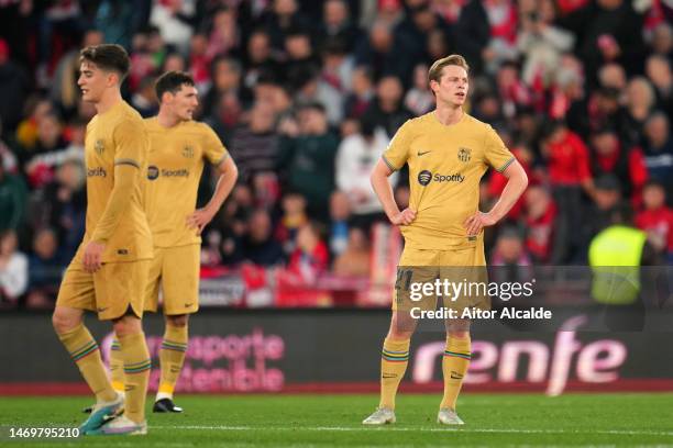 Frenkie de Jong of FC Barcelona looks dejected after El Bilal Toure of UD Almeria scores the team's first goal during the LaLiga Santander match...