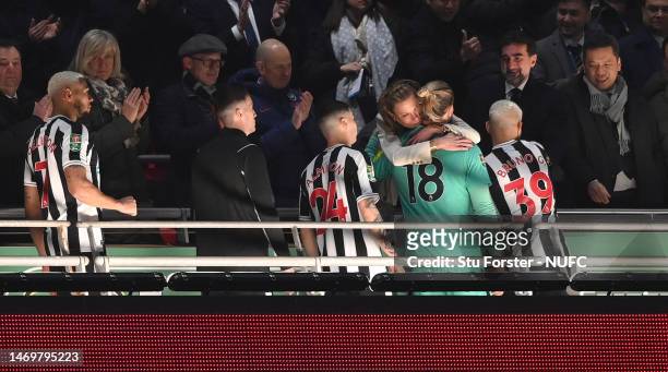 Dejected Loris Karius of Newcastle is consoled by Amanda Staveley after the Carabao Cup Final match between Manchester United and Newcastle United at...