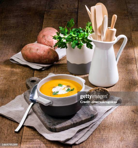sweet potato soup - turkey potato soup stock pictures, royalty-free photos & images