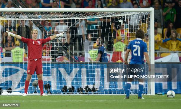 Italian midfielder Andrea Pirlo gets ready to shoots during the penalty shoot out of the Euro 2012 football championships quarter-final match England...