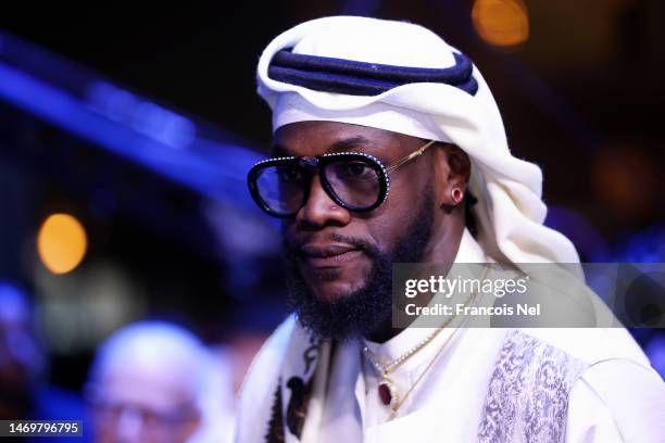 Boxer Deontay Wilder looks on prior to the Cruiserweight Title fight between Jake Paul and Tommy Fury at the Diriyah Arena on February 26, 2023 in...