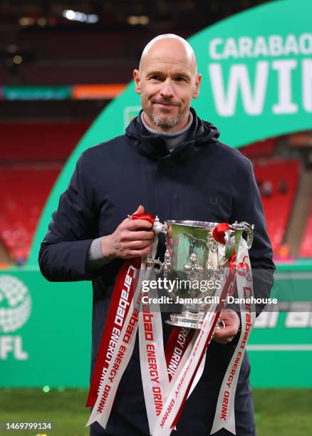 Erik ten Hag the manager of Manchester United celebrates with the Carabao Cup following the Carabao Cup Final match between Manchester United and...