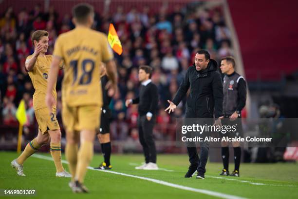 Xavi Hernandez, head coach of FC Barcelona reacts during the LaLiga Santander match between UD Almeria and FC Barcelona at Juegos Mediterraneos on...