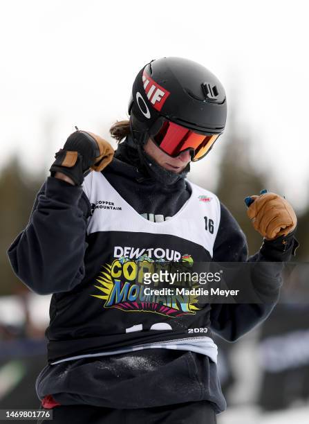 Taylor Gold of Team United States reacts after competing in the Men’s Snowboard Superpipe Final on day three of the Dew Tour at Copper Mountain on...