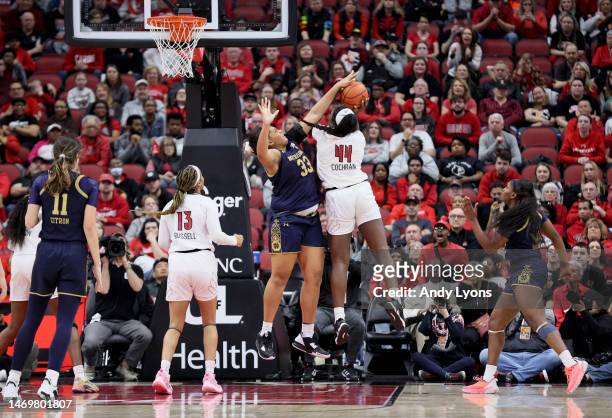 Lauren Ebo of the Notre Dame Fighting Irish defends the shot of Olivia Cochran of the Louisville Cardinals against the at KFC YUM! Center on February...