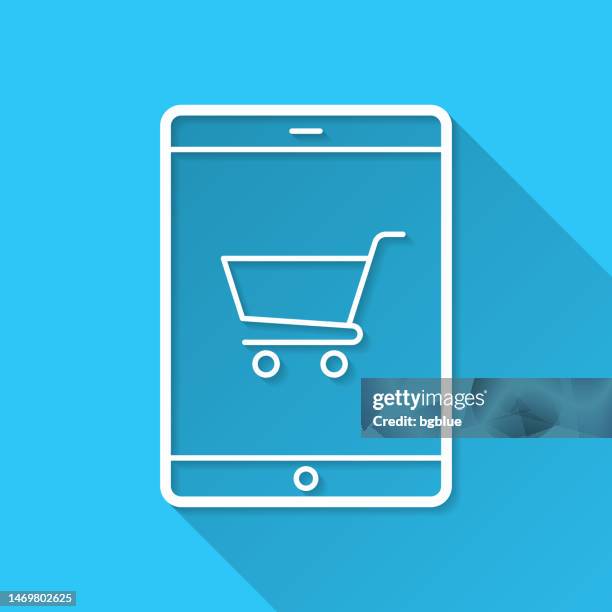 online shopping with tablet pc. icon on blue background - flat design with long shadow - checkout screen stock illustrations