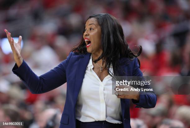 Niele Ivey the head coach of the Notre Dame Fighting Irish during the 68-65 win over theLouisville Cardinals against the at KFC YUM! Center on...