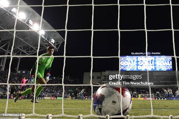 Patrick Schulte of Columbus Crew reacts following a goal by Julián Carranza of Philadelphia Union during the second half at Subaru Park on February...