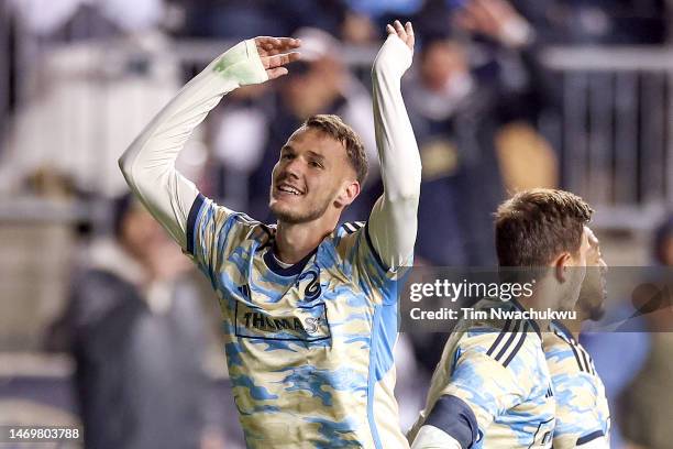 Déniel Gazdag of Philadelphia Union reacts after scoring the team's third goal during the second half against Columbus Crew at Subaru Park on...