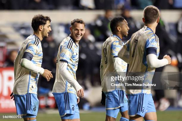 Déniel Gazdag of Philadelphia Union reacts after scoring the team's third goal during the second half against Columbus Crew at Subaru Park on...