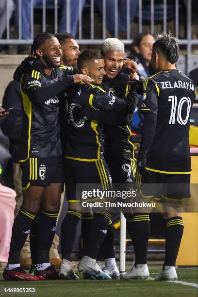 Columbus Crew celebrate the team's first goal by Cucho Hernández during the first half against Philadelphia Union at Subaru Park on February 25, 2023...