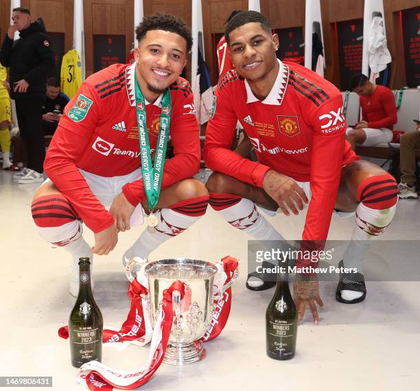 Jadon Sancho, Marcus Rashford of Manchester United celebrate in the dressing room after the Carabao Cup Final match between Manchester United and...