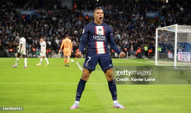 Kylian Mbappe of Paris Saint-Germain celebrates his first goal during the Ligue 1 match between Olympique Marseille and Paris Saint-Germain at Orange...