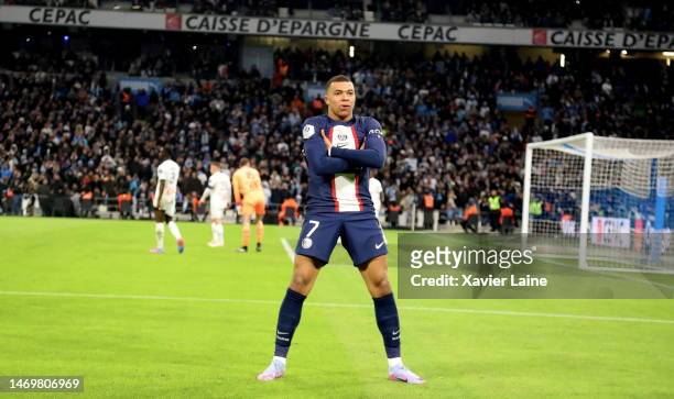 Kylian Mbappe of Paris Saint-Germain celebrates his first goal during the Ligue 1 match between Olympique Marseille and Paris Saint-Germain at Orange...