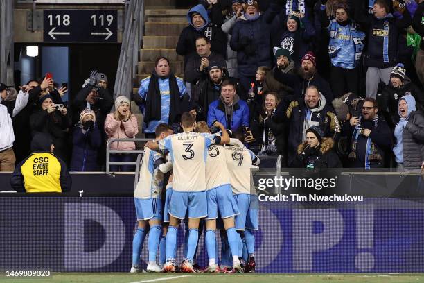 Philadelphia Union celebrate the team's first goal by Déniel Gazdag during the first half against Columbus Crew at Subaru Park on February 25, 2023...