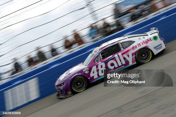 Alex Bowman, driver of the Ally Chevrolet, drives during the NASCAR Cup Series Pala Casino 400 at Auto Club Speedway on February 26, 2023 in Fontana,...