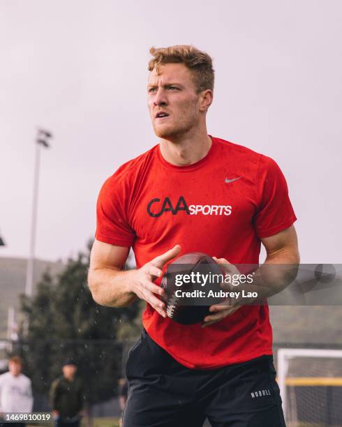 Quarterback Will Levis going through drills during Jordan Palmer’s off-season NFL Draft Prep in a park on February 23, 2023 in Orange County, CA.