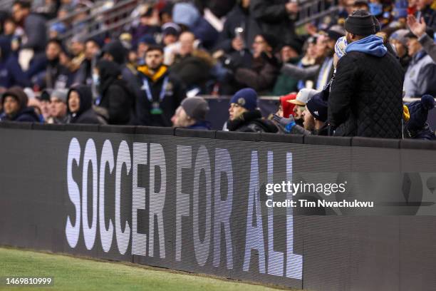 An Major League Soccer advertising board is seen between Philadelphia Union and the Columbus Crew at Subaru Park on February 25, 2023 in Chester,...