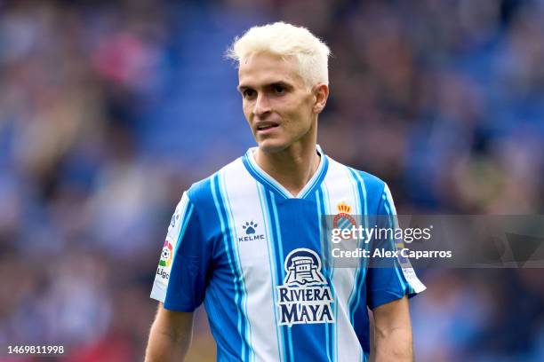 Denis Suarez of RCD Espanyol looks on during the LaLiga Santander match between RCD Espanyol and RCD Mallorca at RCDE Stadium on February 25, 2023 in...