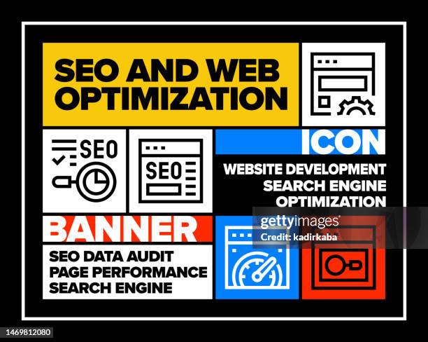 seo and web optimization line icon set and banner design - engine wireframe stock illustrations