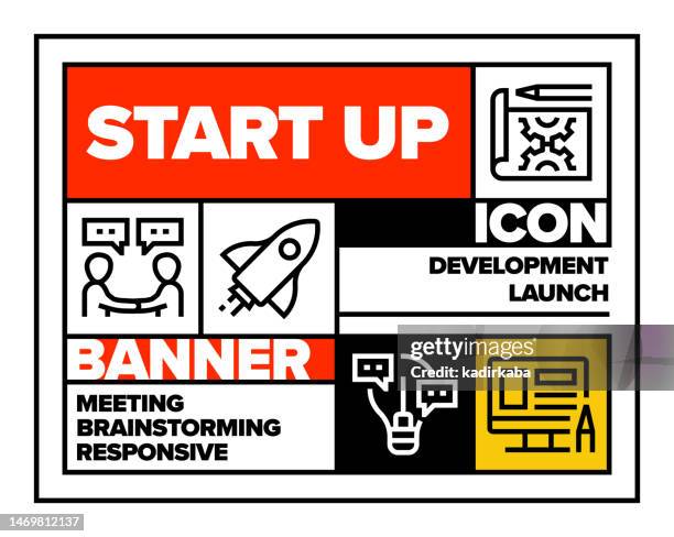 start up line icon set and banner design - visual merchandising stock illustrations