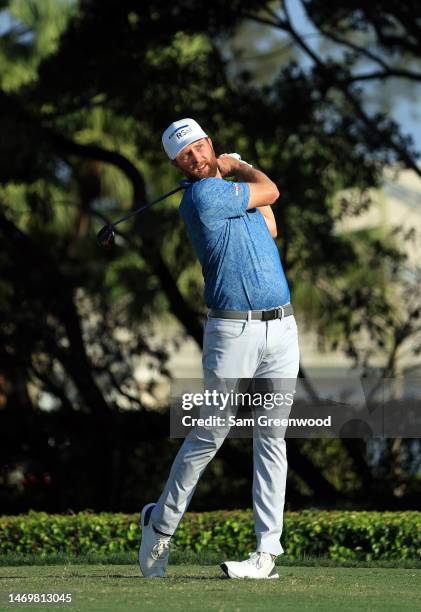 Chris Kirk of the United States hits his first shot on the 14th hole during the final round of The Honda Classic at PGA National Resort And Spa on...
