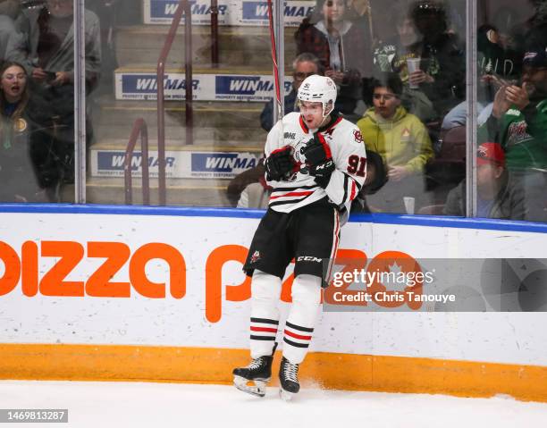 Daniel Michaud of the Niagara IceDogs celebrates his third period goal against the Oshawa Generals at Tribute Communities Centre on February 20, 2023...