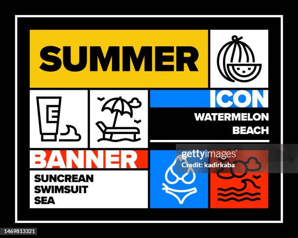 ilustraciones, imágenes clip art, dibujos animados e iconos de stock de conjunto de iconos de la línea de verano y diseño de banners - beach holiday