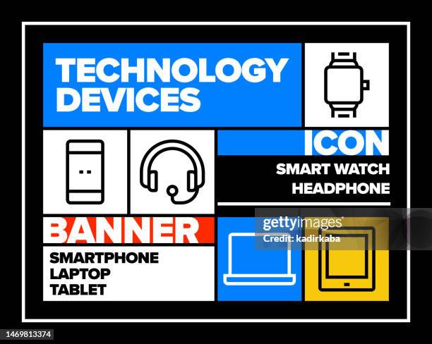 technology devices line icon set and banner design - equirectangular panoramic stock illustrations